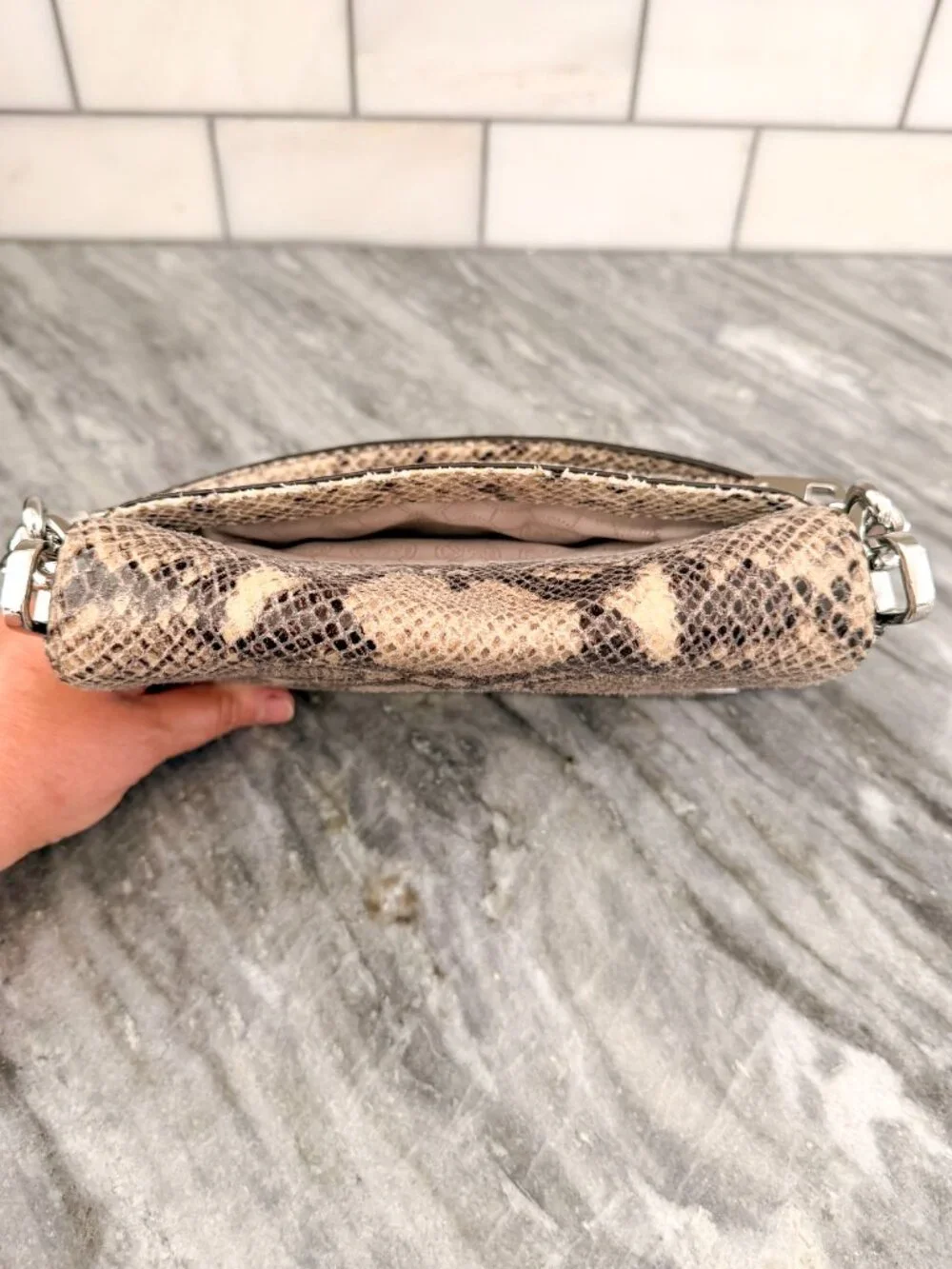 Michael Kors Neutral Snake Print Flap Crossbody Bag Silver Chain Accent